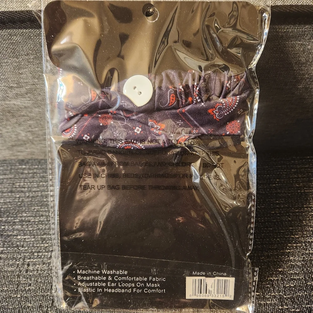 🔥 Face Mask and Headband Set Matching Paisley Deep Purple 2 Buttons on Headband